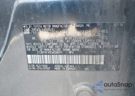 2014 Toyota Rav4 Le из США, поврежденный, VIN 2T3BFREV0EW208074